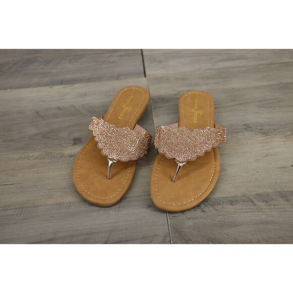 Fashion Focus Womens Size 6-10 Slip On Sandals Thongs Rose Gold Studs Bling - Picture 2 of 6